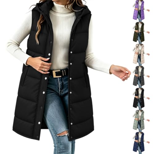 XOGWVJ Womens Winter Vests Trendy Womens Puffer Vest Long Hooded Sleeveless Coat Winter Warm Quilted Zip Up Jacket with Pockets Casual Cold Outerwear Black S