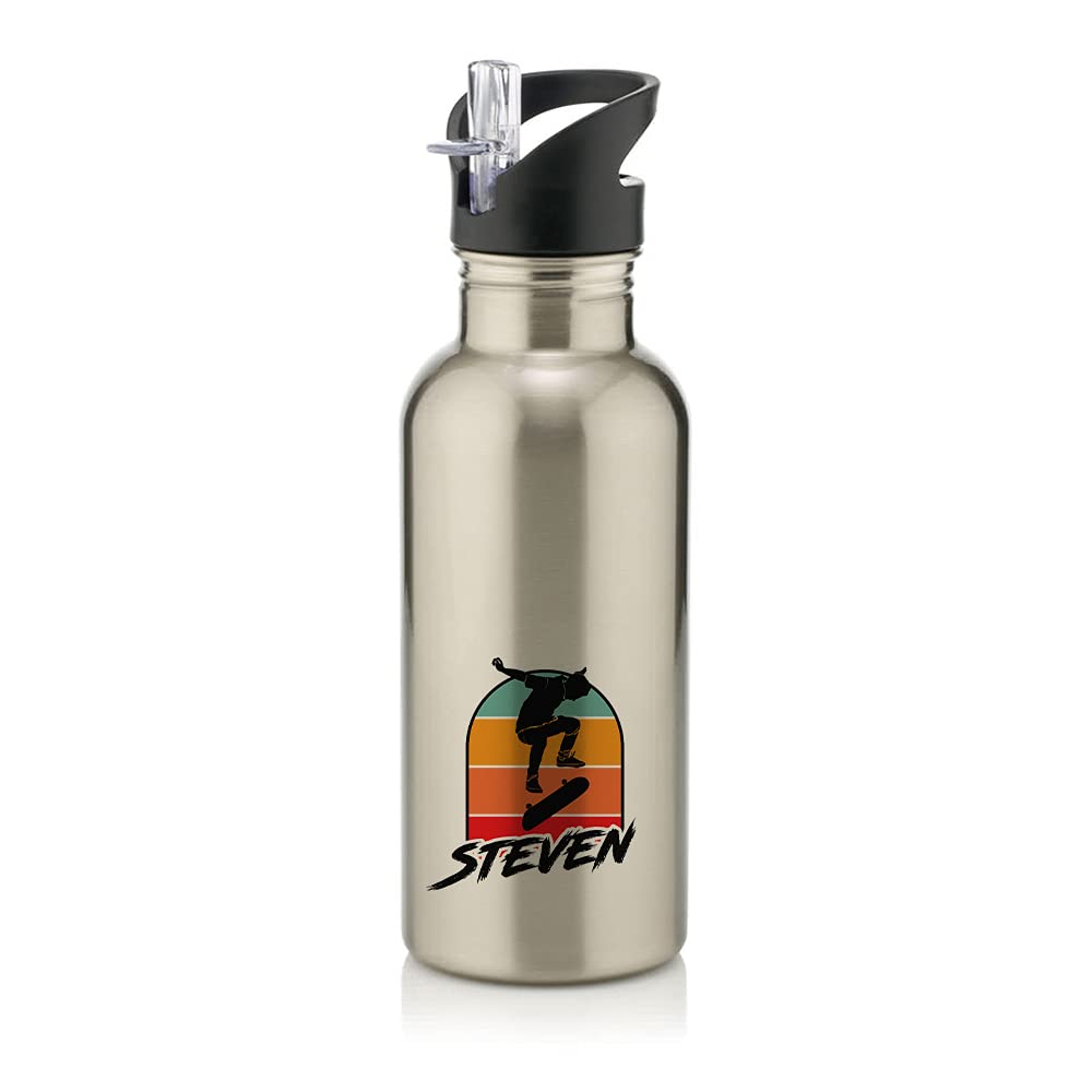 Getagift Unisex Kids Silver Personalised Any Name Skateboarding, Silhouette Skater, Skateboarder Gift For Boys/Girls/Toddler/Children, Stainless Steel 600Ml Water Bottle With Straw. (Silver)