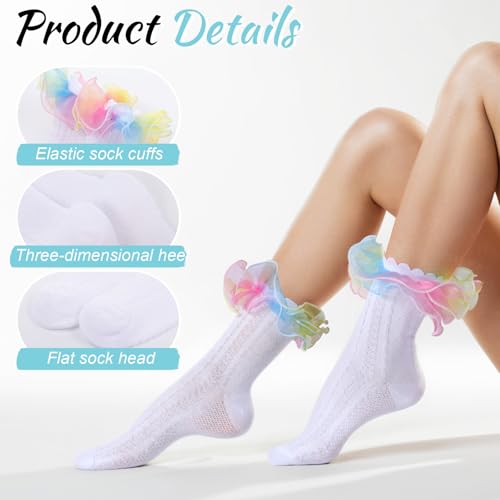 Image of Geyoga 3 Pairs Women Big Ruffle Socks Turn Cuff, Double Lace Ankle Cotton Frilly Socks for Ladies Summer