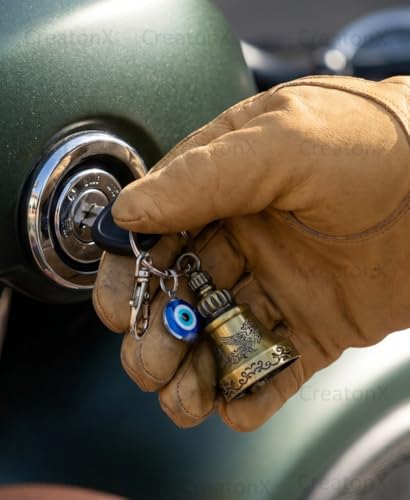 Image of CreatonX Guardian Bell for Bike & Car | Tibetan Key Chain with Evil Eye & Silver Hook | Good Luck Key Chain For Bike Positivity | TopGrade Finish | Dragon & Bird Engravings for bike | 10 CM