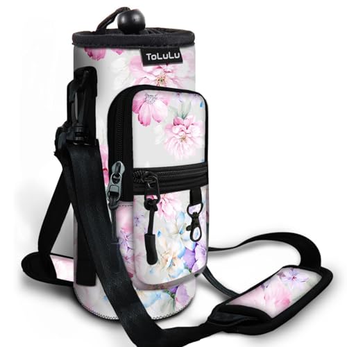 25/32/40oz Neoprene Insulated Water Bottle Carrier Bag With Pocket, Crossbody Adjustable Shoulder Strap Pouch Case, Holder Sling Sleeve for Walking Hiking, 40oz Pink Flowers