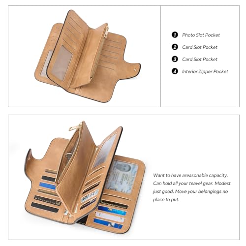 Image of CLUCI Wallet For Women PU Leather RFID Blocking Womens Wallet Bifold Card Holder with ID Window Gifts for Women Birthday, Camel, 7.68 x 1.18 x 3.94 inches, Fashion
