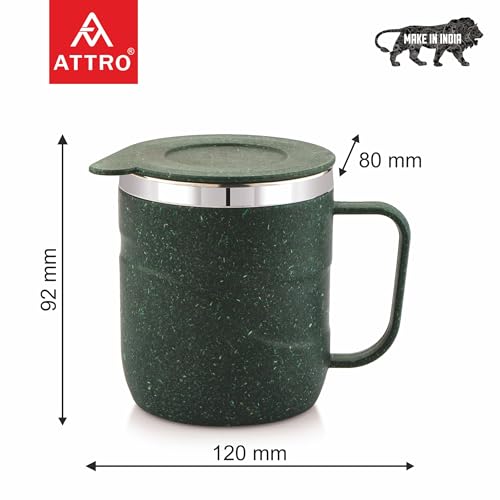 Image of ATTRO Brew Mug - Stainless Steel Inner with eco Friendly Outer Body Durable Stylish, Microwave Safe Coffee /Tea Mug with Handle & Lid, Ideal for Home, Office, Travel & Gifting-300ml-Miltary Green