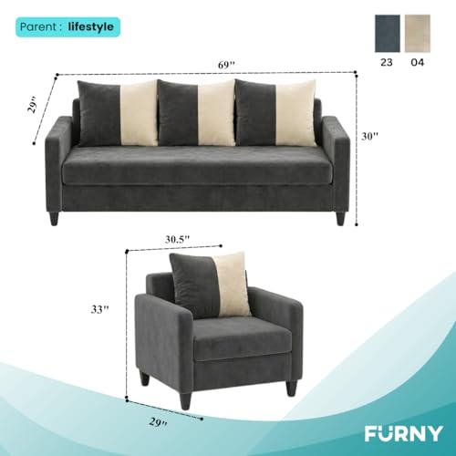 Image of FURNY Rion 3 Seater + 1 Seater + 1 Seater Fabric Sofa Set (Dark Gray-Cream) with Velvet Finish | Durable Comfort | Ideal for Living Room