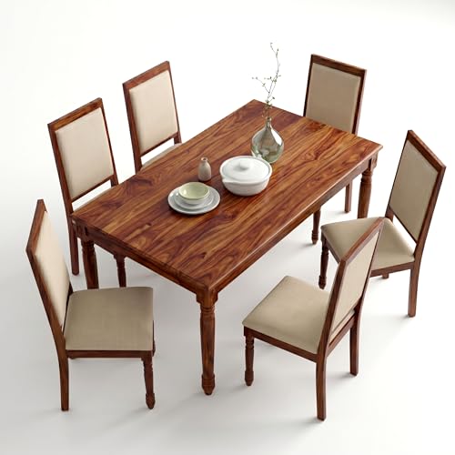 Image of Solid Sheesham Wood 6 Seater Dining Table Set for Home (Honey Brown Finish)