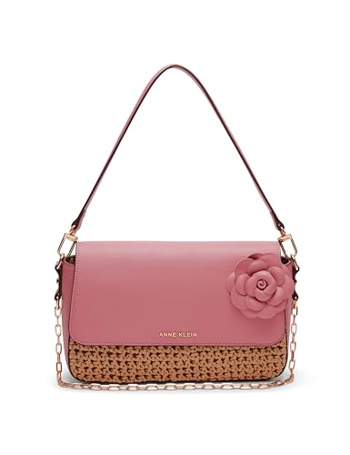 Anne Klein Soft straw flap shoulder bag with floral applique