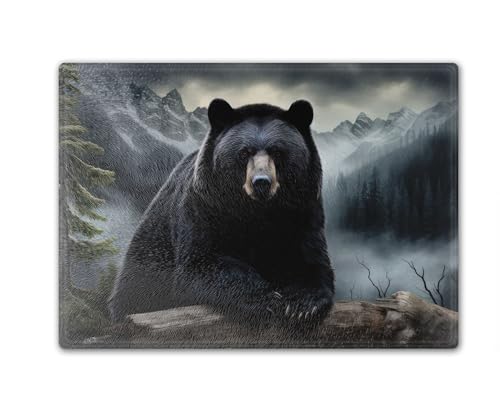 Tabla de cortar rectangular de vidrio templado Traci's Fun Creations con diseño de oso negro y paisaje montañoso (38.74 cm x 28.58 cm) miniatura 1