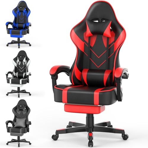 Soontrans Red Gaming Chair with Large Mouse Pad, Ergonomic Computer Office Chair with Wider Seat Cushion, Reclining PU Leather Gamer Chair with Footrest for Adults, High Back Video Game Chair