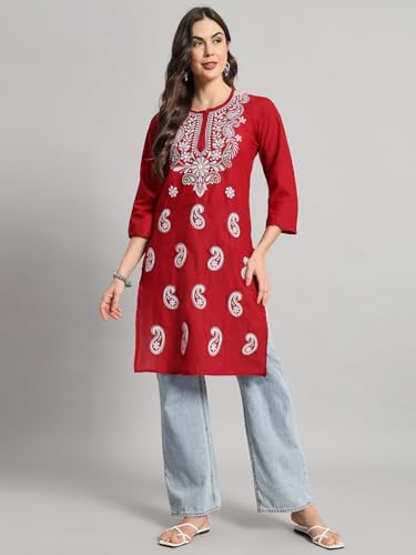 Image of FCH, Fashionable Chikan Handikraft Women's Cotton Lucknowi Chikankari Printed Straight Kurta for Regular Wear Girls Flared Kurta