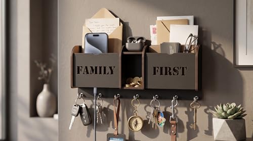 Image of Wall Mount Key Holder & Mail Organizer | Laser-Cut Key Hanger with 7 Metal Hooks, Letter Rack & Pen Stand | Wooden Wall Decor for Entryway, Living Room, Home & Office (Family First)
