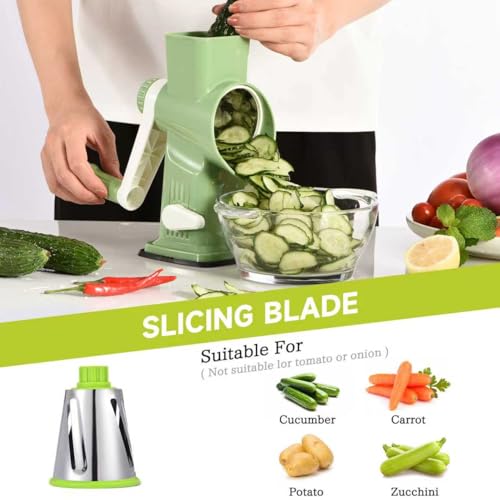 Image of Rotary Cheese Grater Hand Crank Transparent - Shredder Slicer Grinder 3 Stainless Steel Blades, Stable Suction, Labor-Saving Handle, Safe Kitchen Tool for Cheese, Vegetable, Nuts, Chocolate