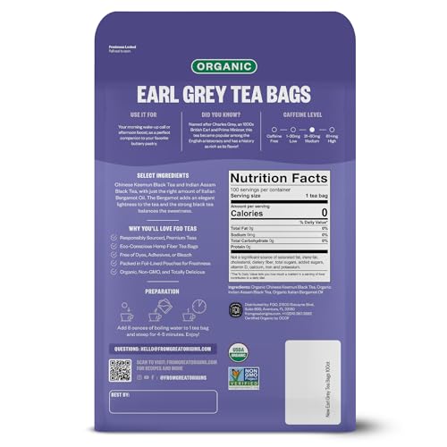 Image of FGO Organic Earl Grey Black Tea, 100 Count, Eco-Conscious Tea Bags, Resealable Bag, Packaging May Vary (Pack of 1)