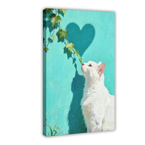 Toile de qualité supérieure chat lierre en cœur, décoration murale haut de gamme 40x61 cm