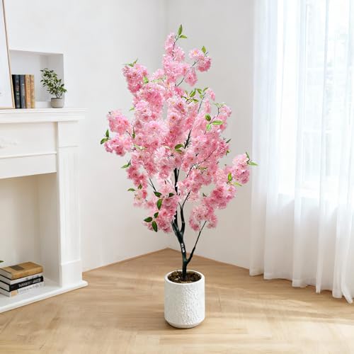 Plante Artificielle de Cerisier en Fleurs 150 cm - Grand Arbre Artificiel avec Fleurs Roses - Plante en Pot, Arbre Artificiel de Cerisier en Fleurs pour la...