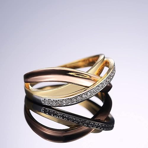 925 Sterling Silver Women's Fashion Tricolor Geometric Line Cross Ring in 18K Rose Gold Ring Sparkling Full Diamond Ring Multi Row Cross Ring Eternity Engagement Wedding Rings Sizes 6-10 562 (10)3