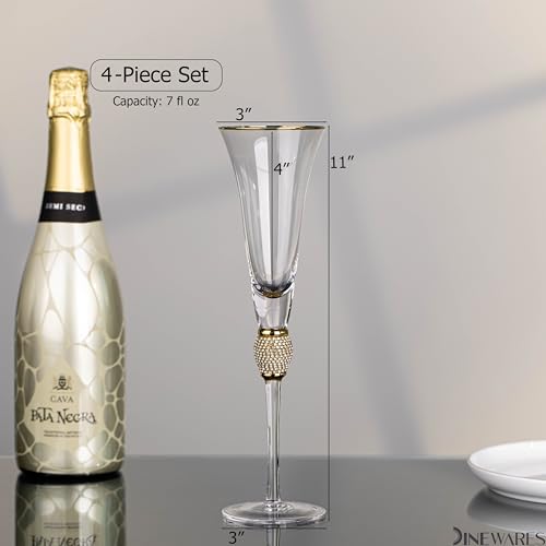 4 Piece Elegant Crystal Set Wedding Champagne Glasses with Diamond Rhinestone Accents and a Polished Gold Rim - 11 in Tall with Slender Long Stems, 7 oz - Chic Toasting Set for the Bride and Groom by Dinewares - Image 3