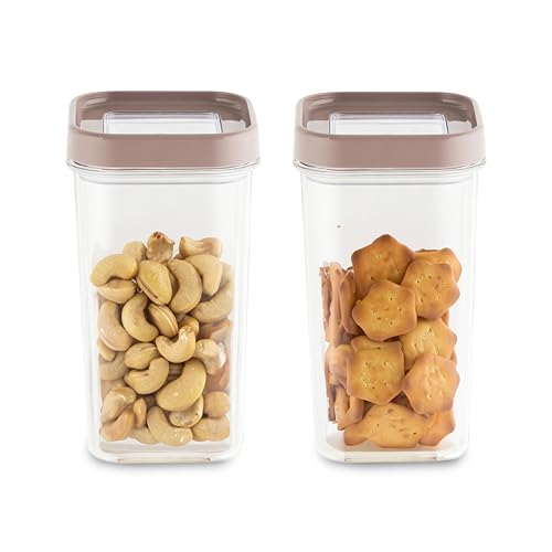Image of CELLO Airlock Square Pet Storage Jar for Kitchen Set of 2 Pcs, 1350 ml Walnut Brown | Freezer & Fridge Safe Stackable Kitchen Storage Container Jar Set for Meal Prep Ingredient Cookies Flour Candy