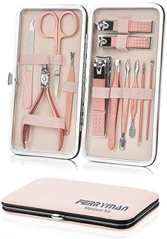 Maincure Set, MOMSIV Professional 12Pcs Stainless Steel Nail Clippers Set Pedicure Kit Grooming Tools with PU Leather Case for Girls and Women Gift, Rose Gold