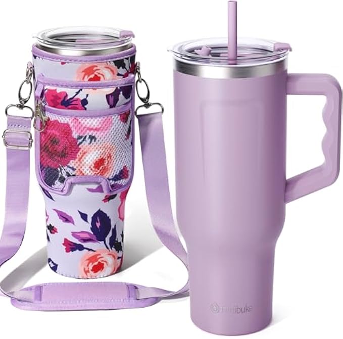 Fimibuke 40 oz Tumbler with Handle & Carrier Bag, Stainless Steel Vacuum Insulated Cup with Leakproof Lid & 2 Silicone Straw, Reusable Water Bottle Cupholder Friendly Women Men Travel Mug with Sleeve