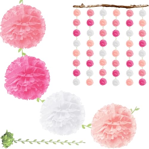 48 pcs 6\" White Tissue Paper Flower Pom Pom Garlands with 40ft Artificial Leaf Strings | Bulk Boho Wedding Decorations for Baby Shower, Birthday Party, Engagement | DIY Wall & Backdrop Decor (Pink)