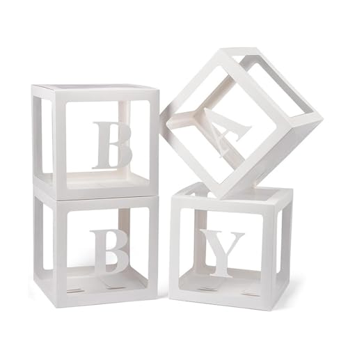 Hiuyavy Baby Shower Balloon Boxes Decorations, 4PCS Boxes with Letters, White Transparent Balloon Boxe, Boys & Girls Baby Shower, Gender Reveal & Birthday Party Décor