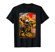 This epic design features a fierce cat in full samurai armor while riding a roaring dinosaur through a dramatic, misty landscape. A fiery red sun and bold Japanese characters amplify the power and absurdity of this wild fantasy mashup. Perfect for lo...
