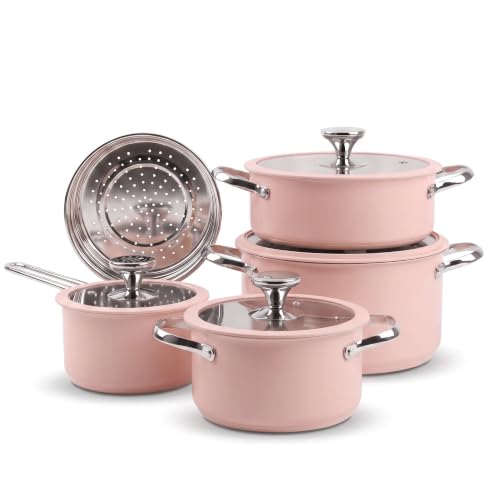 PURECOOK 9pcs Stainless Steel Cookware Set for Family Kitchen, 304 Grade, Ceramic Coated Exterior, Induction Compatible Pots and Pans with Glass Lids, Non-Toxic & Easy to Clean,Pink