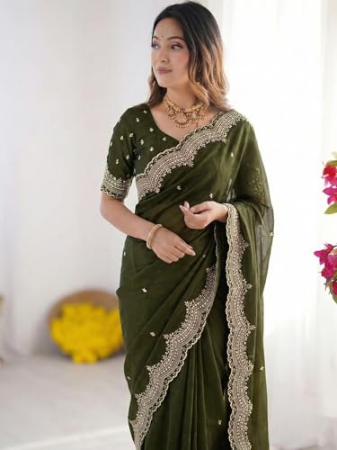 Image of SIRIL Women's Shimmer Georgette Scalloped Border Sequins Embroidery Saree with Unstitched Blouse Piece