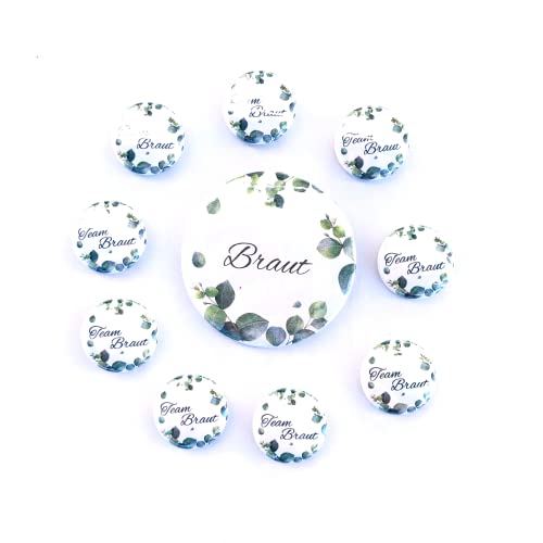 JGA-Button-Set EUKALYPTUS I 1x "Braut" (Ø56 mm)+ 10x "Team Braut" (Ø25mm) I grün + weiß I Hochzeit â€¦ – Miniatur