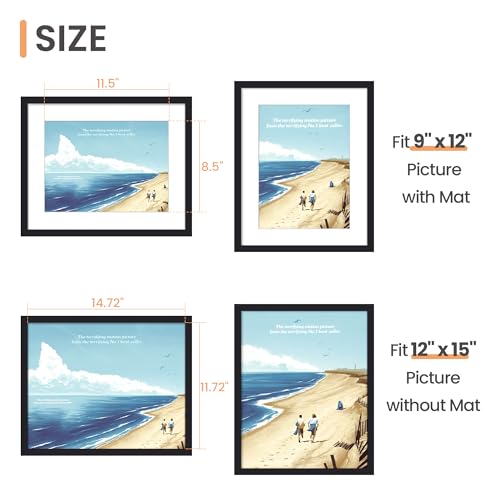 Image of upsimples 12 x 15 Frame, Display Pictures 9x12 with Mat or 12x15 Without, Wall Hanging Photo Frame, Black, 1 Pack