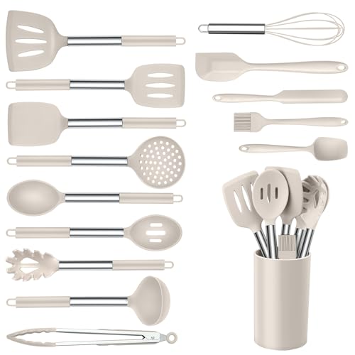 Onader Silicone Cooking Utensils Set of 15, Kitchen Utensils Set with Holder for Nonstick Cookware, 446°F Heat Resistant Stainless Steel Handle - Khaki
