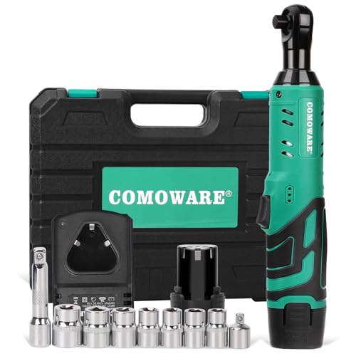 COMOWARE Cordless Electric Ratchet Wrench 3/8", 40Ft-lbs 12V Power Ratchet Kit with 1-Pack Lithium-Ion Battery, 1 Hour Fast Charger, Variable Speed Trigger, 8 Sockets, LED Light