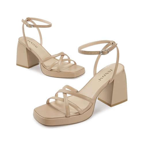 Image of ISNOM Platform Heels for Women Block Chunky Sandals Strappy Ankle Strap | Platform Heels with Square Toe and Ankle Strap. Comfortable Chunky Sandals for Weddings, Parties, and Daily Wear