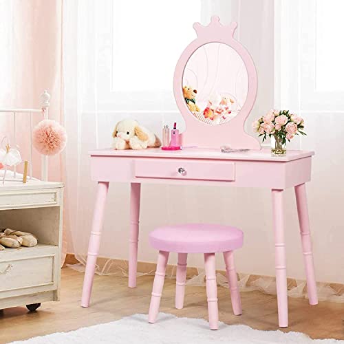 Honey Joy Kids Vanity, Crown Shape Princess Makeup Dressing Table And Chair Set W/Drawer, Cushioned Toddler Vanity Stool, Real Glass Mirror, Wooden Little Girls Vanity Set With Mirror And Stool(Pink) #TOP6