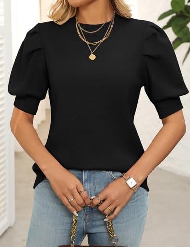 Women's Puff Short Sleeve Sweater Tops Spring Summer Trendy Crew Neck Casual Pullover Sweaters3
