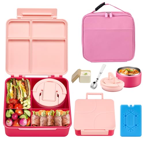 Bento Lunch Box with 8oz Soup Thermo,Kids Leakproof 4 Compartment Lunch Food Containers with Sauce Cup and Ice Pack,Kids Thermo Insulated Hot Food Jar and Lunch Bag for School,Trvael-Pink