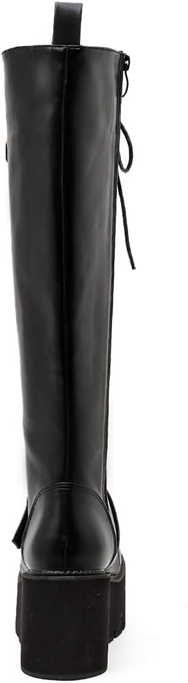 Parisuit Women's Knee High Goth Platform Buckle Boots Chunky High Heel Lace Up Punk Combat Boots with Chain - Image 6