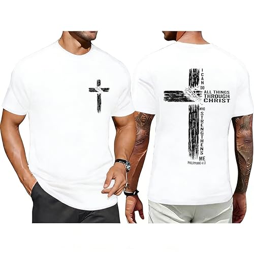 Christian Shirts for Mens Cross Jesus Graphic Shirt Bible Verse Tees Inspirational Religious Sayings Short Sleeve Tops White