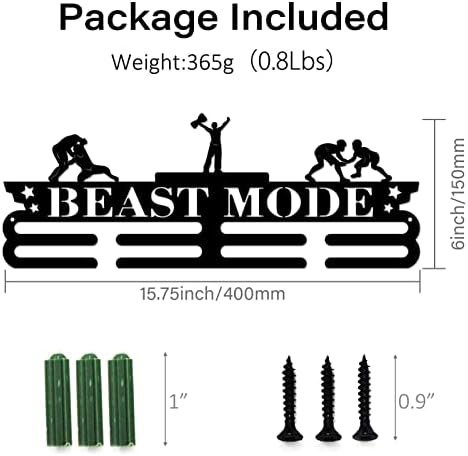 SUPERDANT Wrestling Medal Holder 60+ Medals Display Motivating Word BEAST MODE Black Iron Wall Mounted Hooks for Competition Medal Holder Display Wall Hanging 40x15cm