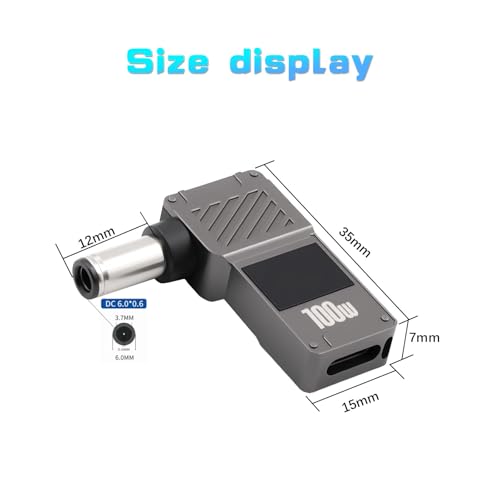 Adaptador CC 6,0 x 0,6 mm a USB C de 100W y 90 grados para tableta y PC 4K 7