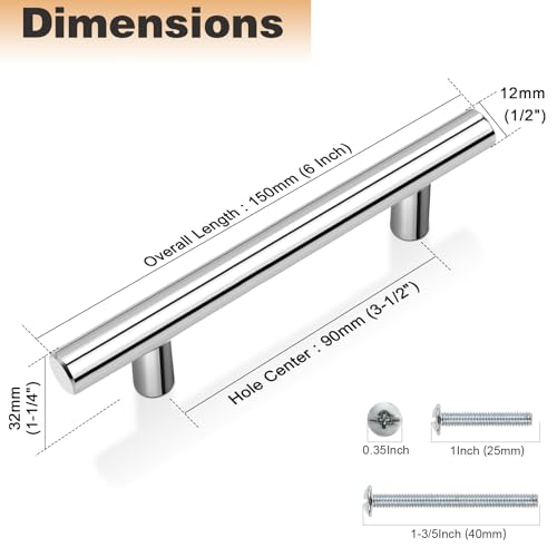 Image of Probrico 3.5 Inch Polished Chrome Cabinet Handles 15 Pack, 90mm Hole Centers T Bar Drawer Dresser Handle Pulls, Stainless Steel Modern Kitchen Cabinet Hardware