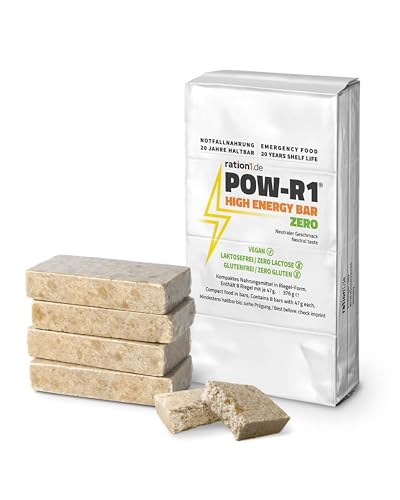High Energy Bar glutenfrei, 1x POW-R1® ZERO Energieriegel 376g, 8 Power Riegel, Outdoor Trekking Nahrung, Notnahrung, Survival Langzeitnahrung 20 Jahre haltbar, Notfallnahrung, vegan, laktosefrei