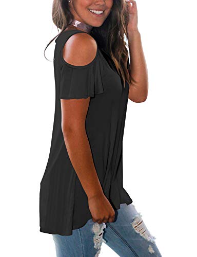 Oustdoze Women's Cold Shoulder Casual Short Sleeve Tunic Tops Round Neck Summer Blouse #TOP3