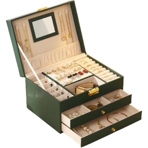 ITMEATジュエリーボックスアクセサリーケース鏡付きジュエリー収納宝石箱大容量鍵付き引き出しおしゃれ小物入れピアスネックレスリング指輪置き女性用女の子ホワイト (23×17×13.5cm,グリーン)