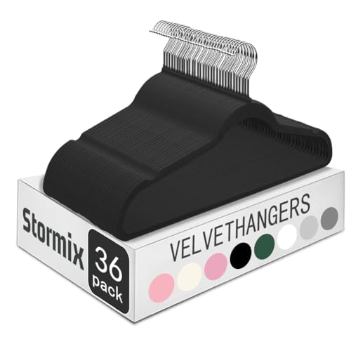 Stormix 36er-Pack Samt-Kleiderbügel für Erwachsene, Hochfeste rutschfeste Premium-Samt-Anzugshänger für Kleidung, Ultradünne platzsparende Kleiderbügel für Hemden, Kleider, Hosen - Schwarz