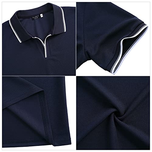Mens Polo Shirts Short Sleeve V Neck Waffle Knit Slim Fit Contrast Color Collar Casual Golf Shirts Blue M #TOP4
