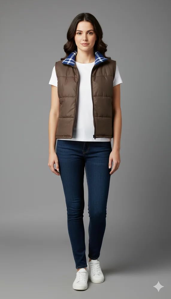 LUISSA Women Quilted Sleeveless Puffer Jacket | Lightweight Zip-Up Winter Vest with | Casual Regular Fit Warm Outerwear for Travel, Daily Wear & Outdoor Activities (IN, Alpha, L, Regular, BROWN) 3
