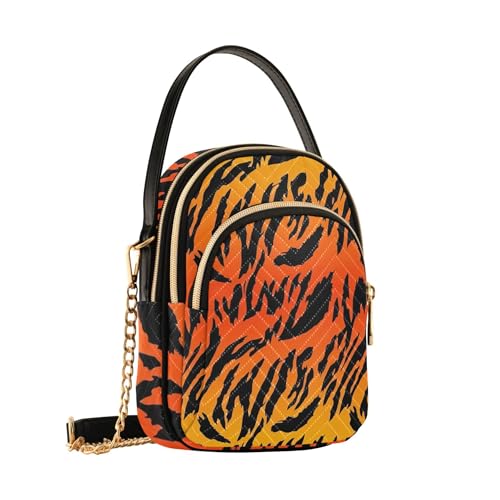 Women Shoulder Handbag Floral Chain Strap Phone Wallet Handbag Quilted Zipper Bowler Tote Ladies Satchel Vibrant Tiger Spots Orange2