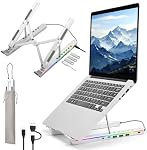 Laptop Stand with USB、Type C and RGB Lights, Aluminum Adjustable Foldable Laptop Stand for Desk, Ergonomic Portable Laptop Riser Holder Compatible with Laptops and iPad 10-15.6", Silver