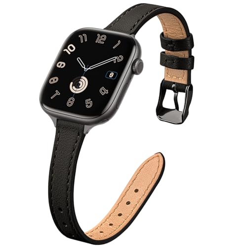 Image of STIROLL Slim Leather Bands Compatible with Apple Watch Band 38mm 40mm 41mm 42mm(Series 11 10), Top Grain Leather Watch Thin Wristband for iWatch Ultra SE Series 9 8 7 6 5 4 3 2 1 (Black)